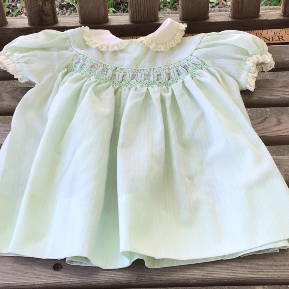Vintage Polly Flinders Hand Smocked Dress Mint Green unworn Pin Stripe